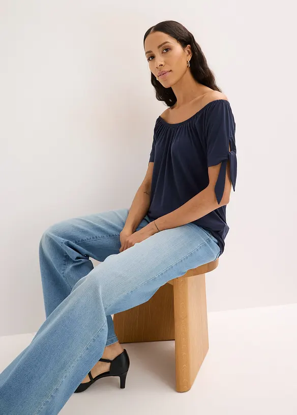 T-shirt col Bardot &agrave; d&eacute;tail n&oelig;ud, bonprix