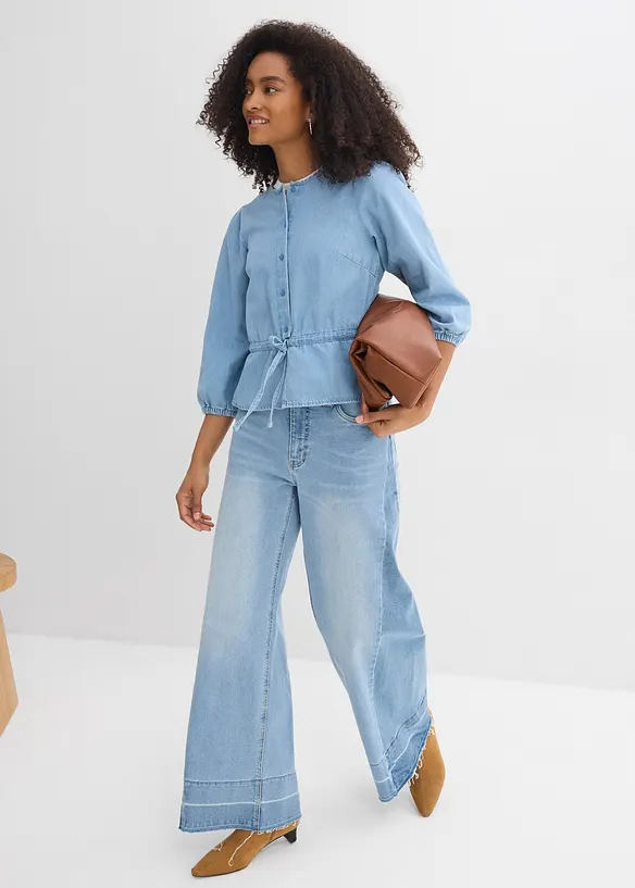 Chemisier en jean &agrave; manches bouffantes, coton, bonprix