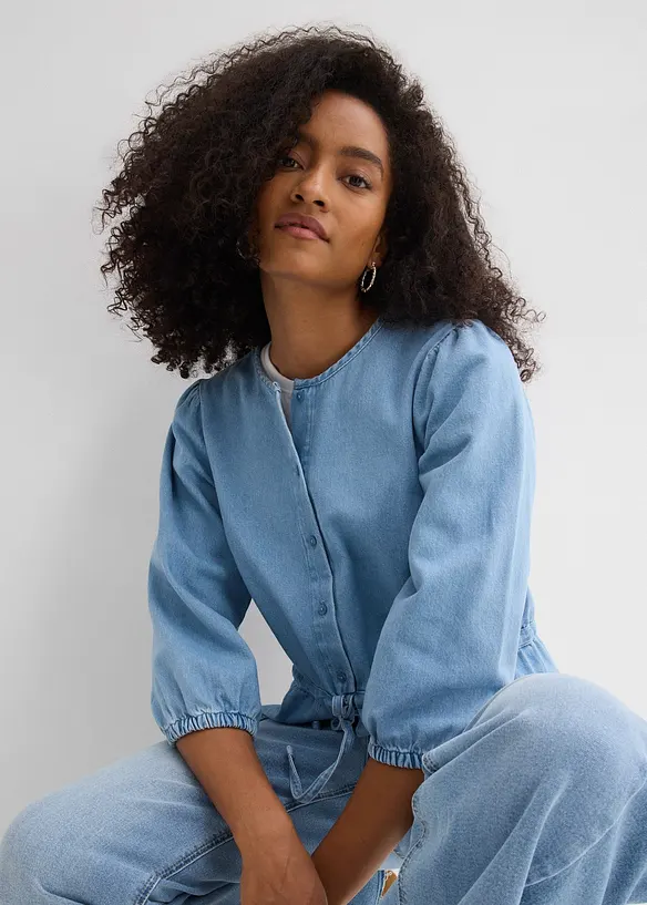 Chemisier en jean &agrave; manches bouffantes, coton, bonprix
