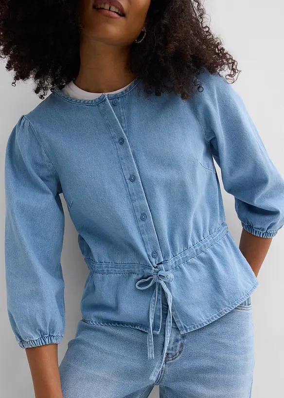 Chemisier en jean &agrave; manches bouffantes, coton, bonprix