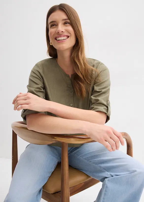 Chemisier en lin m&eacute;lang&eacute;, manches 3/4, bonprix