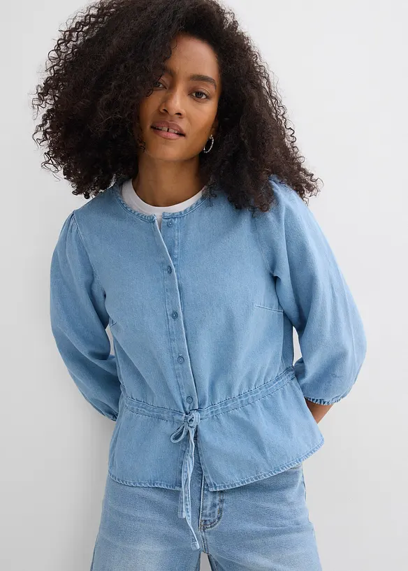 Chemisier en jean &agrave; manches bouffantes, coton, bonprix