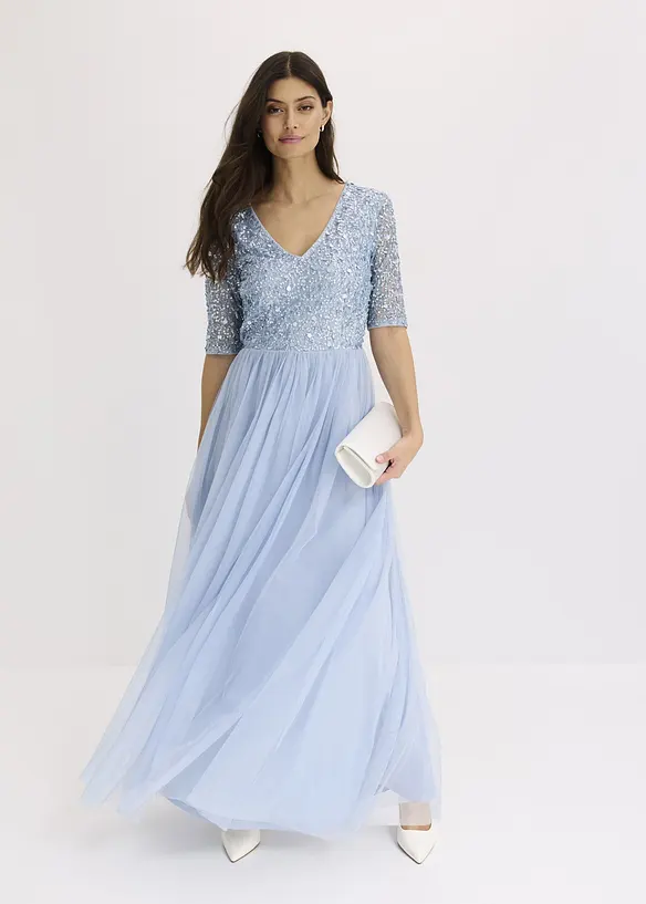 Robe de soir&eacute;e en tulle avec haut brod&eacute; de sequins, bonprix