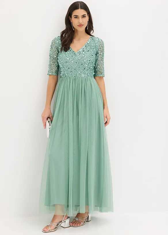 Robe de soir&eacute;e en tulle avec haut brod&eacute; de sequins, bonprix