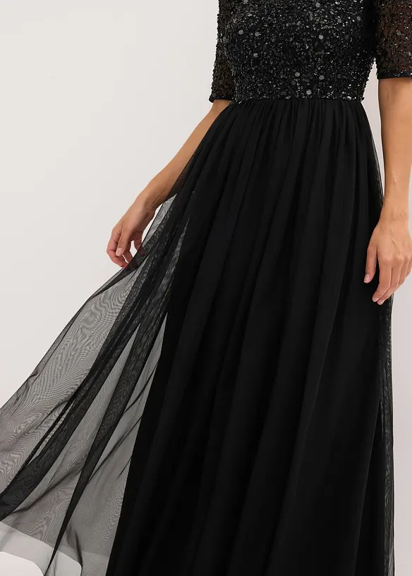 Robe de soir&eacute;e en tulle avec haut brod&eacute; de sequins, bonprix