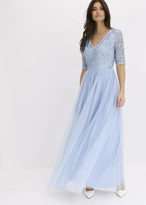 Robe de soir&eacute;e en tulle avec haut brod&eacute; de sequins, bonprix