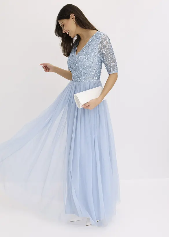 Robe de soir&eacute;e en tulle avec haut brod&eacute; de sequins, bonprix