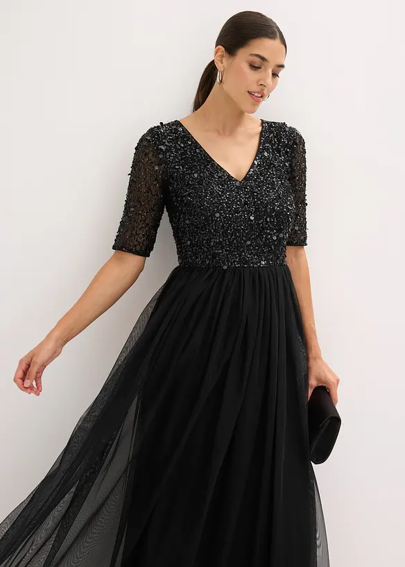 Robe de soir&eacute;e en tulle avec haut brod&eacute; de sequins, bonprix