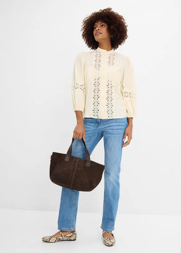 Jean droit taille mi-haute et &eacute;lastiqu&eacute;e, bonprix