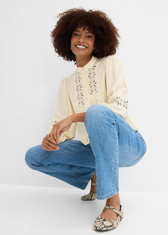 Jean droit taille mi-haute et &eacute;lastiqu&eacute;e, bonprix