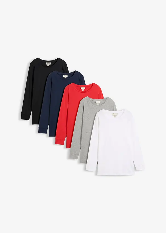Lot de 5 T-shirts longs &agrave; col rond, manches longues, bonprix