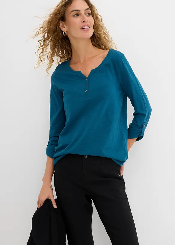 T-shirt manches longues &agrave; col boutonn&eacute;, 100% coton, bonprix