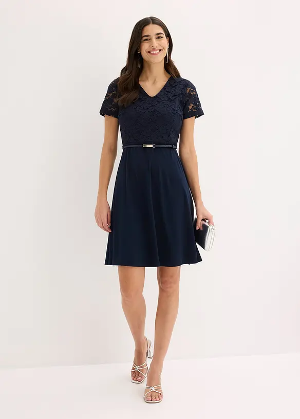 Robe courte avec ceinture et dentelle, bonprix