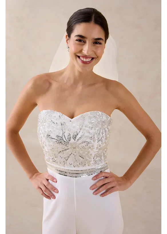 Combinaison en cr&ecirc;pe textur&eacute; avec perles brod&eacute;es, bonprix