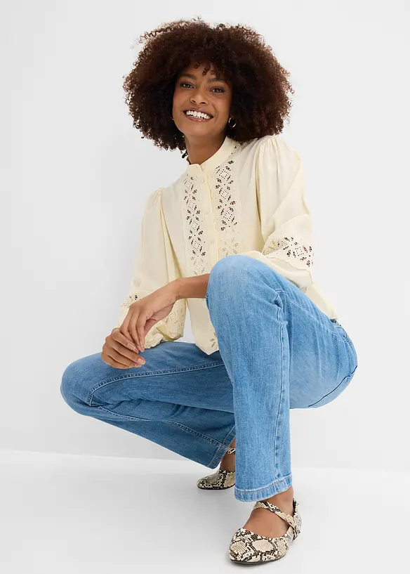 Jean droit taille mi-haute et &eacute;lastiqu&eacute;e, bonprix