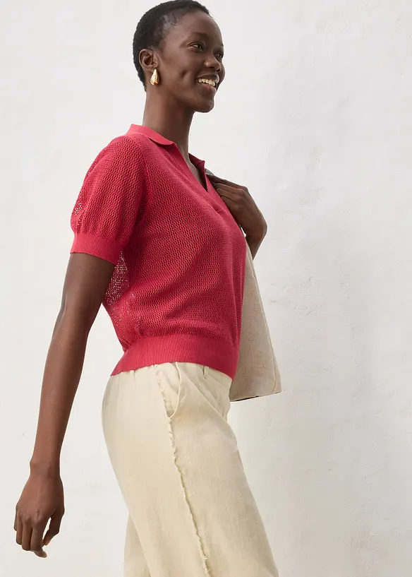 Polo en maille ajour&eacute;e avec lin, bonprix