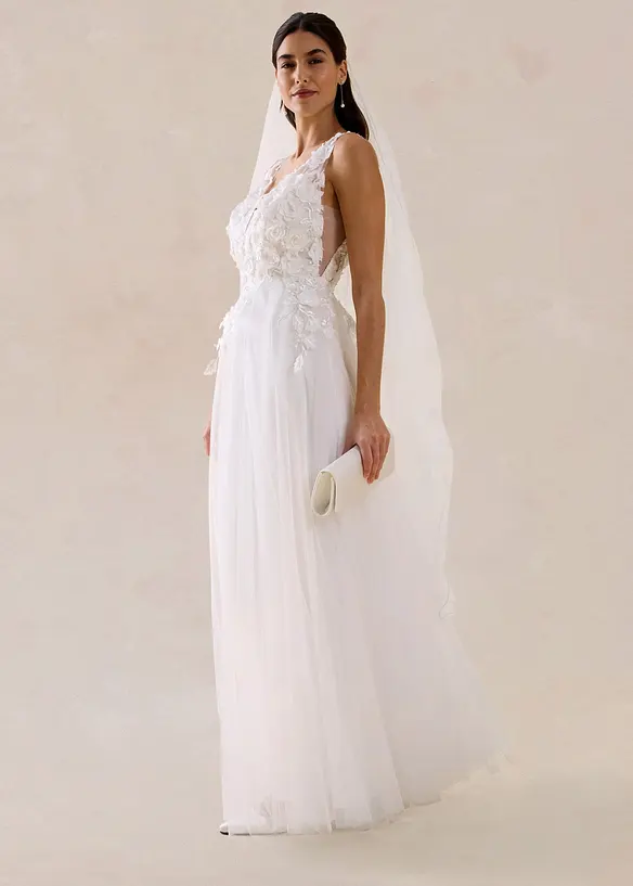 Robe de mari&eacute;e en tulle avec fleurs appliqu&eacute;es, bonprix