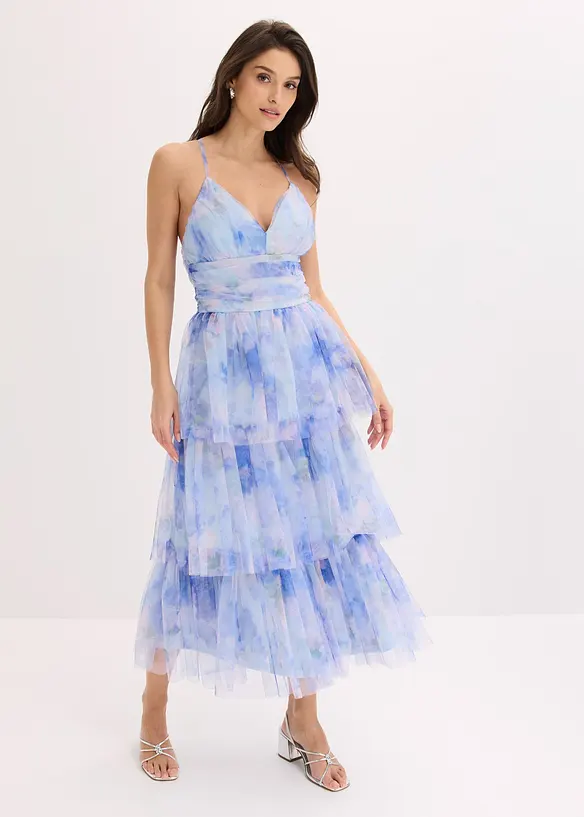 Robe midi en tulle fin &agrave; volants, bonprix