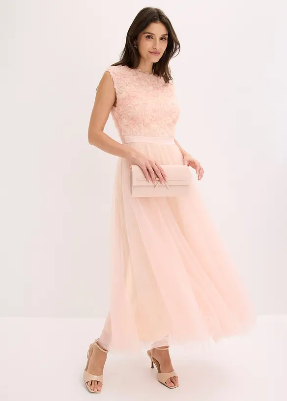 Robe de soir&eacute;e en tulle d&eacute;licat avec d&eacute;tails fleurs, bonprix