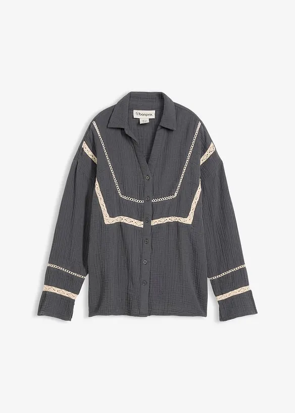 Blouse en gaze de coton avec empi&egrave;cements de dentelle, bonprix