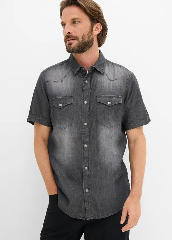 Chemise manches courtes slim en jean, 100% coton, bonprix