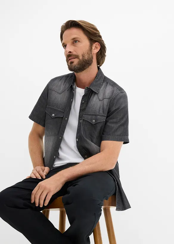 Chemise manches courtes slim en jean, 100% coton, bonprix