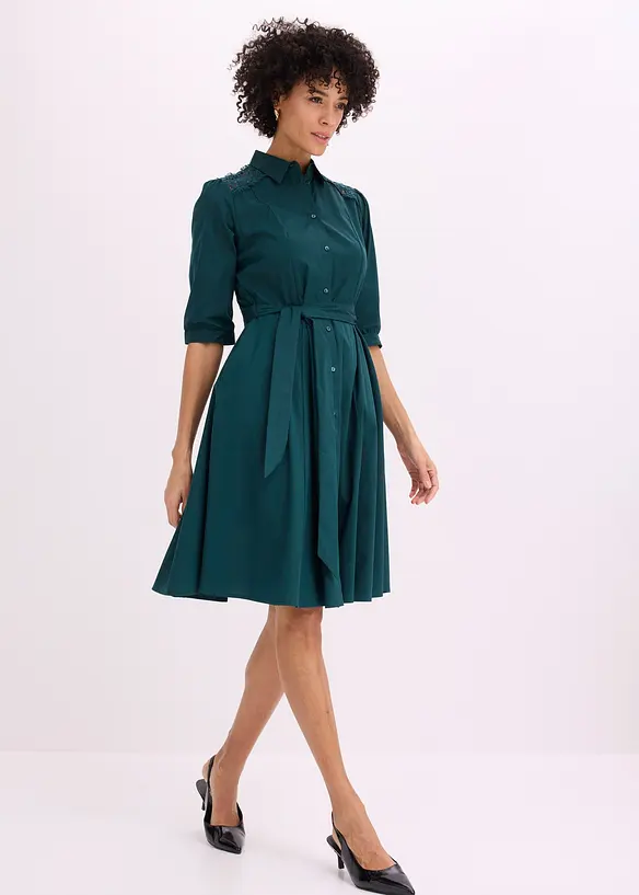 Robe-chemise avec dentelle et lien &agrave; nouer, bonprix