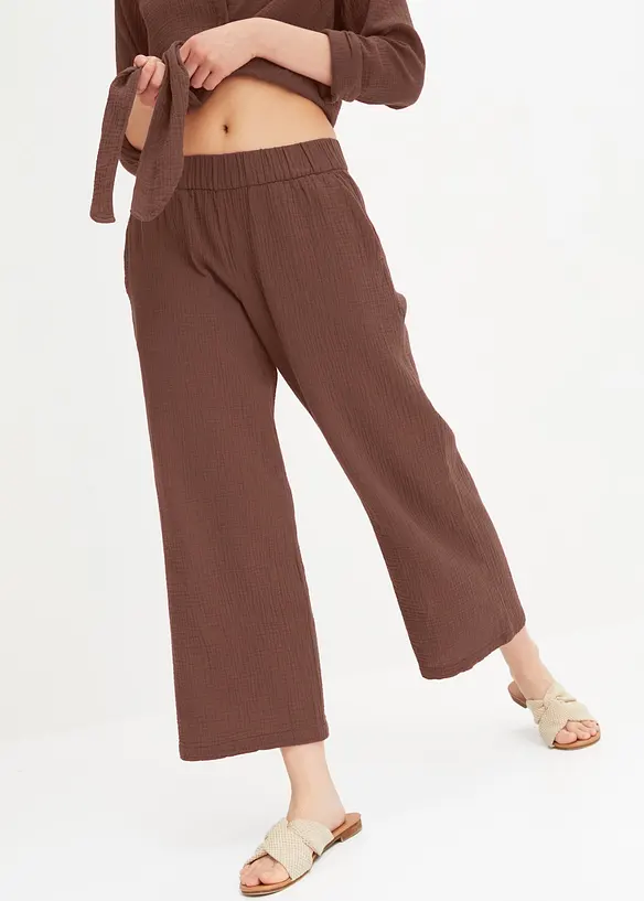 Pantalon large &agrave; pinces en gaze de coton, bonprix