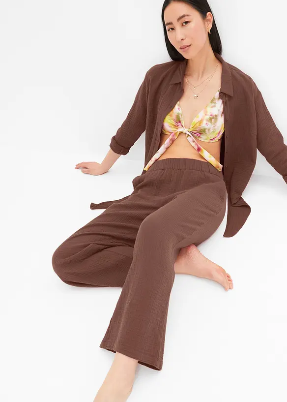 Pantalon large &agrave; pinces en gaze de coton, bonprix