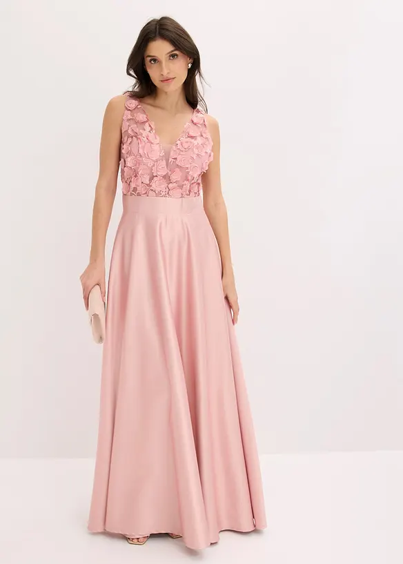 Robe de soir&eacute;e en satin brillant avec fleurs appliqu&eacute;es, bonprix
