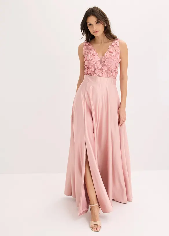Robe de soir&eacute;e en satin brillant avec fleurs appliqu&eacute;es, bonprix