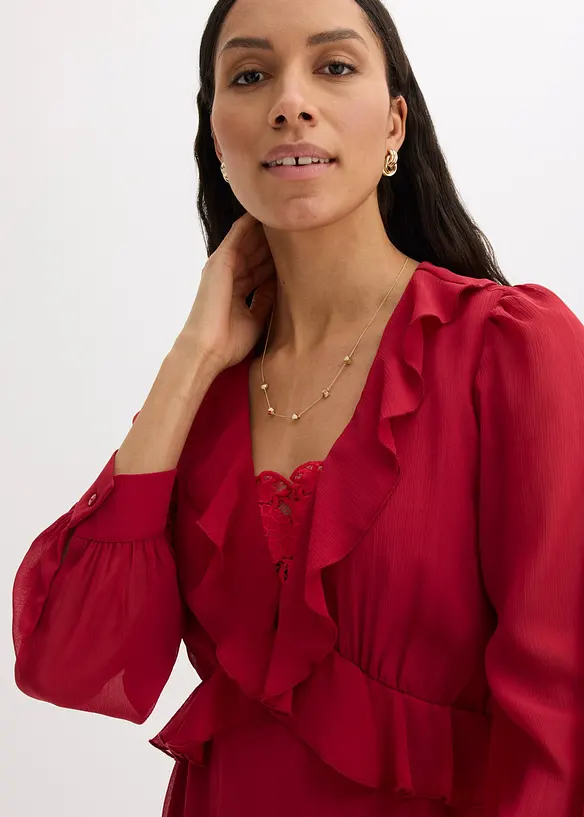 Robe en mousseline &agrave; dentelle et volants, bonprix