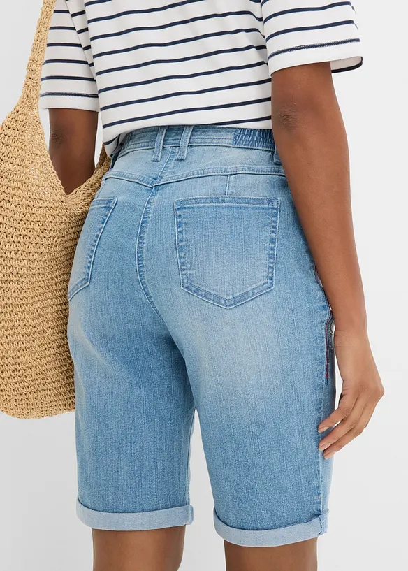 Bermuda en jean avec broderie, taille mi-haute &eacute;lastiqu&eacute;e, bonprix