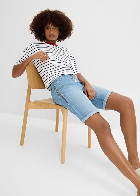 Bermuda en jean avec broderie, taille mi-haute &eacute;lastiqu&eacute;e, bonprix
