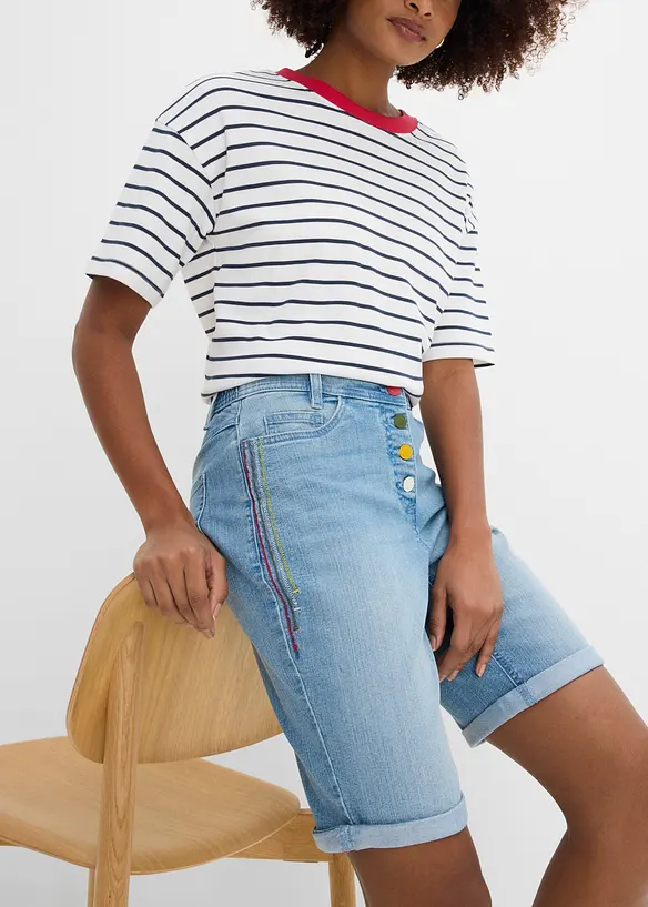 Bermuda en jean avec broderie, taille mi-haute &eacute;lastiqu&eacute;e, bonprix