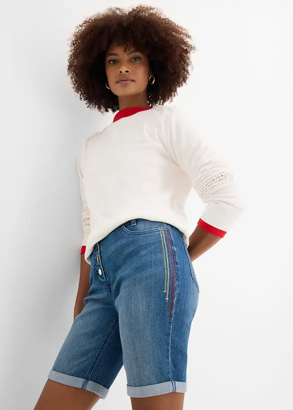 Bermuda en jean avec broderie, taille mi-haute &eacute;lastiqu&eacute;e, bonprix