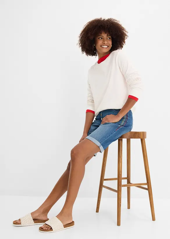 Bermuda en jean avec broderie, taille mi-haute &eacute;lastiqu&eacute;e, bonprix