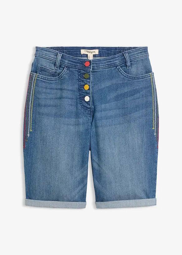 Bermuda en jean avec broderie, taille mi-haute &eacute;lastiqu&eacute;e, bonprix