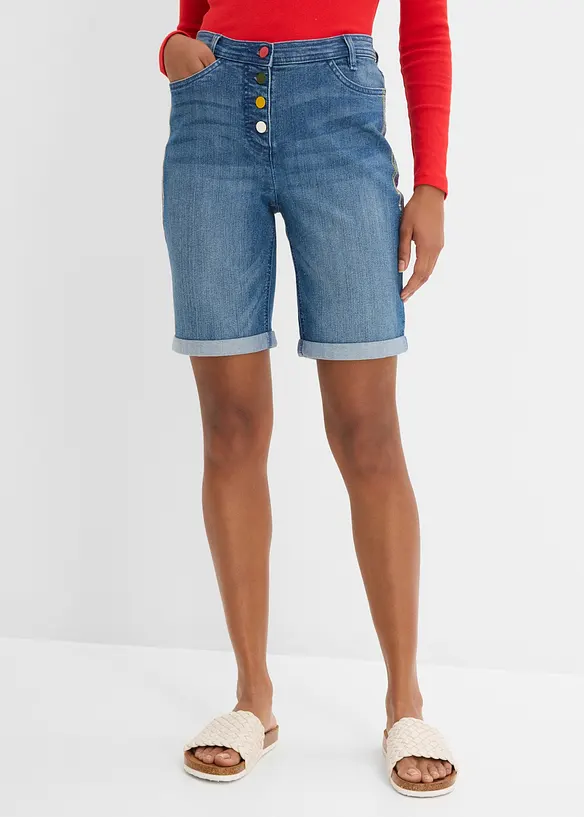 Bermuda en jean avec broderie, taille mi-haute &eacute;lastiqu&eacute;e, bonprix