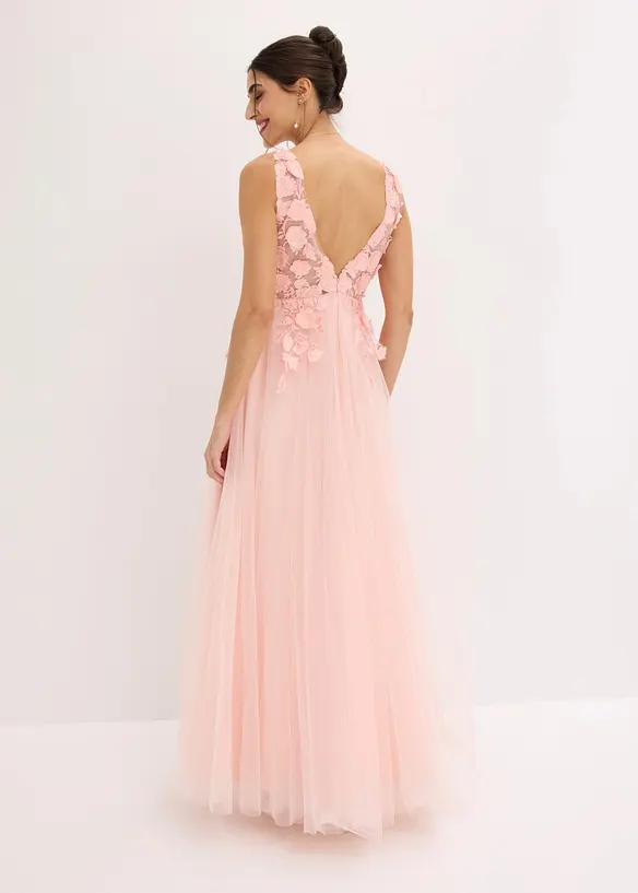 Robe longue en tulle d&eacute;licat orn&eacute;e de fleurs appliqu&eacute;es, bonprix