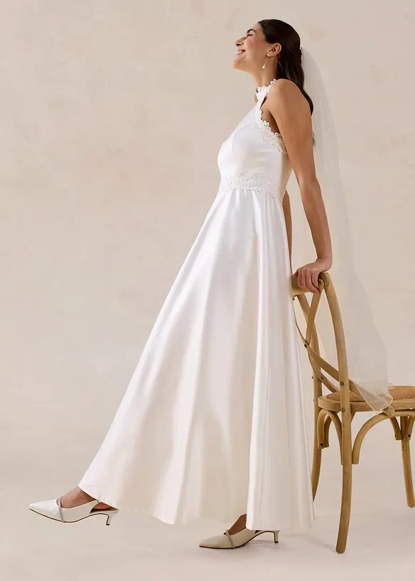 Robe de mari&eacute;e en satin brillant et dentelle, bonprix