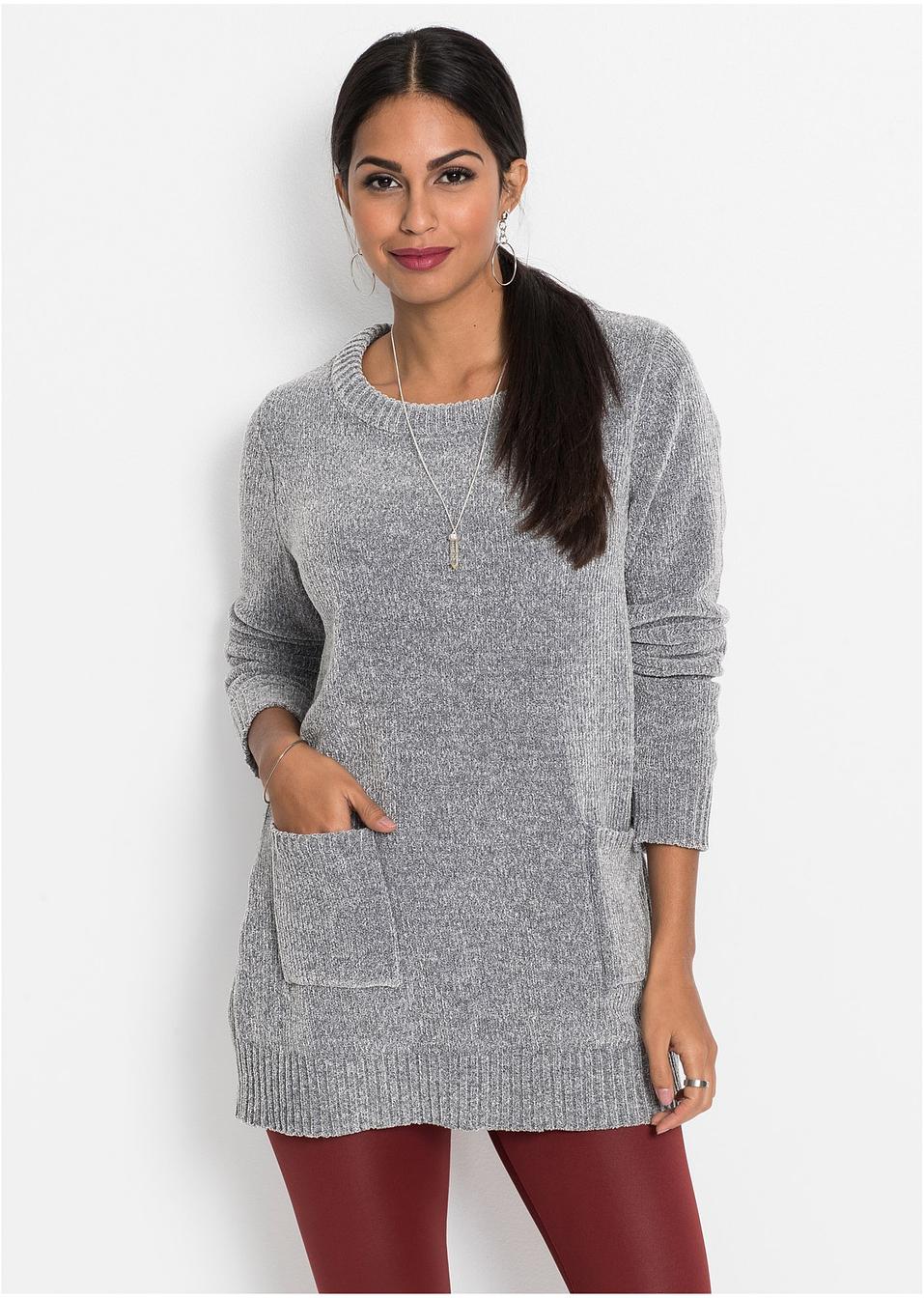 Pull long en maille chenille gris chiné - BODYFLIRT ...