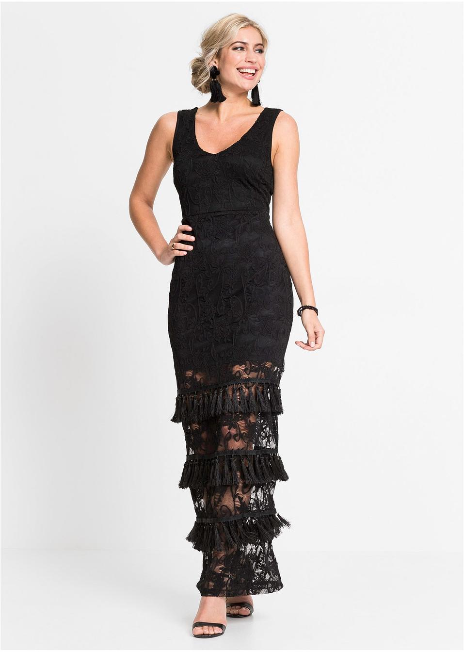 Robe de soirée longue à franges noir - Femme - BODYFLIRT ...