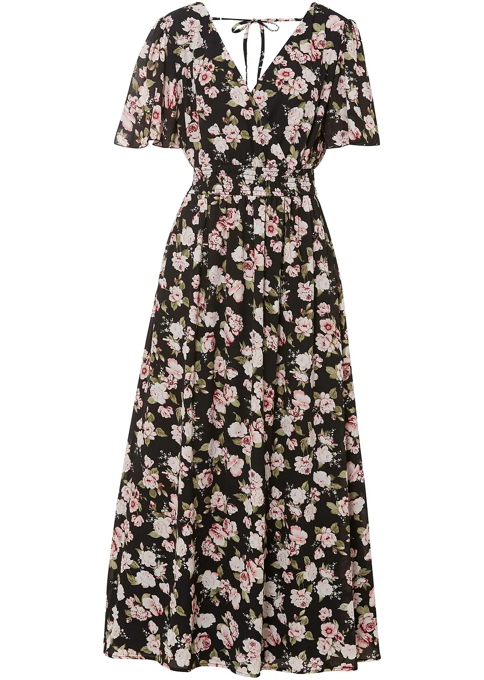 Robe longue mode a imprime fleuri noir a fleurs rose classique