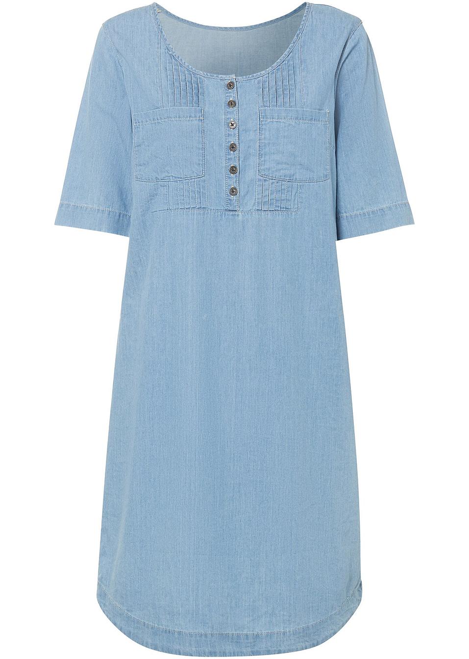 Robe flatteuse avec plis religieuse en coton - denim bleu glacier